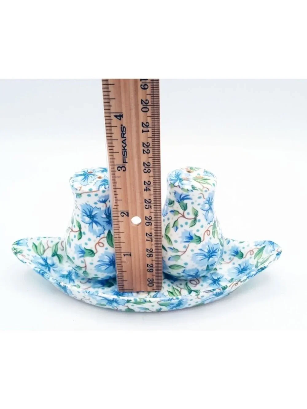 Ainsley Two's Company Salt Pepper Shakers Tray Blue Floral Ceramic Set